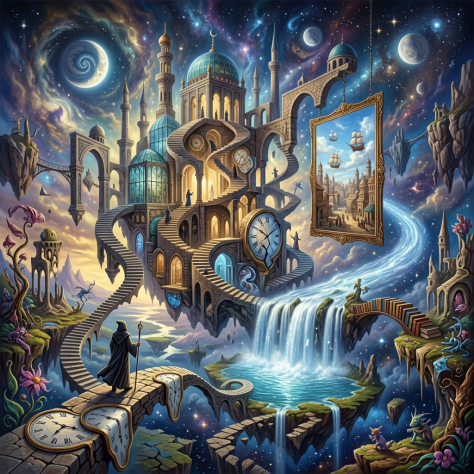 Surreal floating city with spiraling stairs, melting clocks, waterfalls, and celestial sky